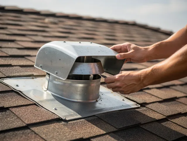 Middleburg Heights Dryer Vent Cleaning certified technician safely cleaning a roof-mounted dryer vent in Middleburg Heights
