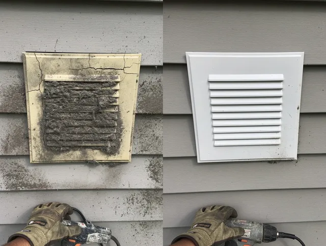 Middleburg Heights Dryer Vent Cleaning technician installing high-quality dryer vent cover at a residential property in Middleburg Heights
