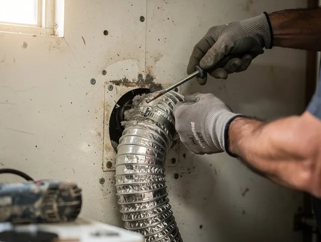 Middleburg Heights Dryer Vent Cleaning technician performing precise dryer vent hose installation in Middleburg Heights